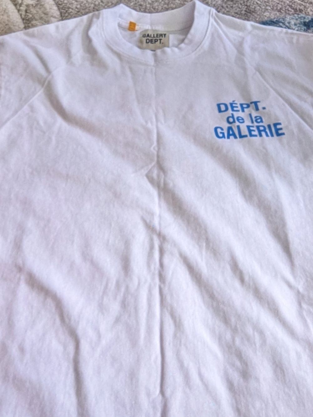 Gallery Dept White Tee with Black Logo and Yellow Size Tag